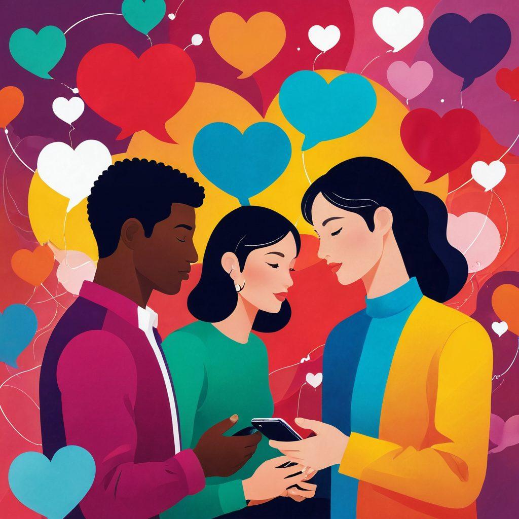 An abstract representation of diverse couples connecting through digital devices, with intertwining hearts and vibrant communication bubbles. Integrate elements like smartphones, app icons, and a soft background symbolizing modern dating environments. Include warm tones to evoke intimacy and connection. surrealistic. vibrant colors. minimalist design.