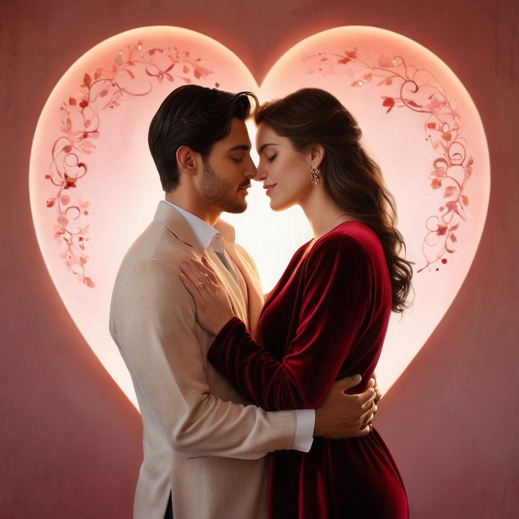 A beautifully intimate scene depicting a diverse couple sharing a tender moment in a softly lit, cozy environment, symbolizing deep affection and connection. The background features abstract heart shapes and symbols of love, while soft textures like velvet and silk enhance the romantic atmosphere. Include warm colors such as reds, pinks, and golds to evoke passion and warmth. Focus on their expressions and body language to convey trust and intimacy. super-realistic. warm colors. cozy setting.
