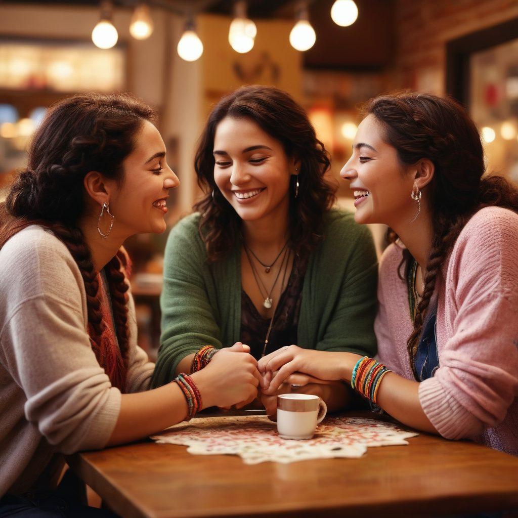 A warm and inviting scene depicting a diverse group of adults sharing heartfelt moments, such as laughter and hugs, surrounded by symbols of affection like hearts and colorful friendship bracelets. The background features blurred out elements of a cozy café to highlight the focus on connection. Soft, warm lighting enhances the emotional atmosphere, inviting viewers to feel the depth of the relationships depicted. super-realistic. vibrant colors.